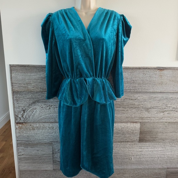 Especially Yours teal velour peplum vintage dress size 11 Made in USA - Picture 1 of 8